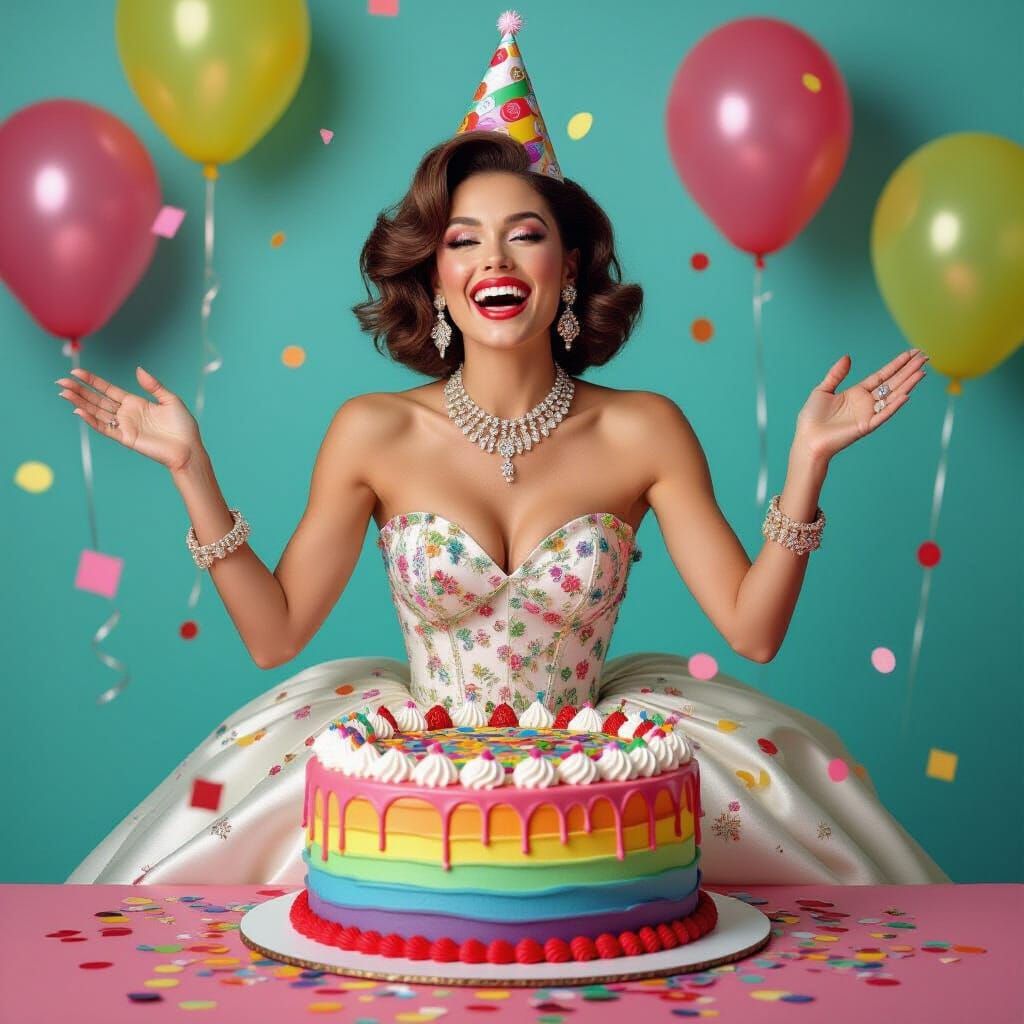 Woman Bursting from Birthday Cake, Pop Art Style