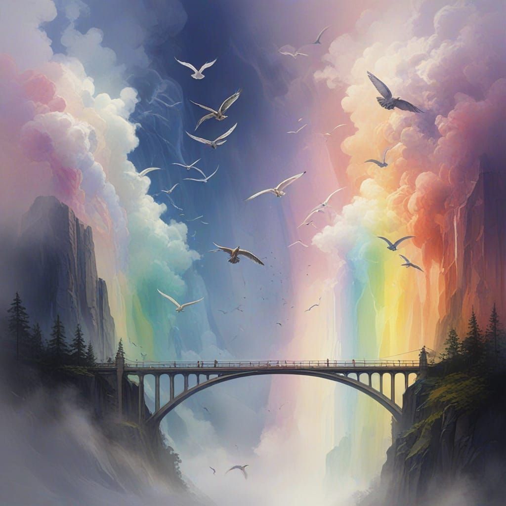 Falcons Soaring on Ethereal Rainbow Cloud Bridges