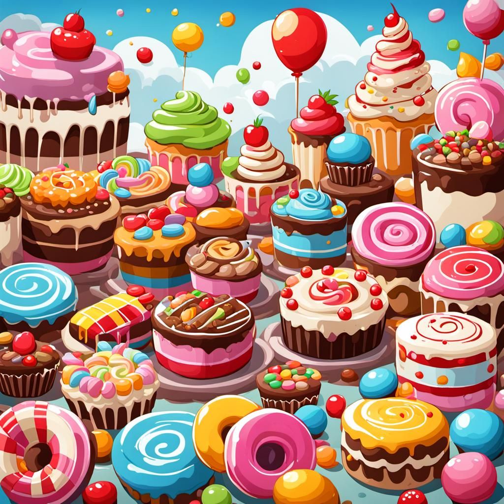 Cartoon Scene Overflowing with Sweets and Fun
