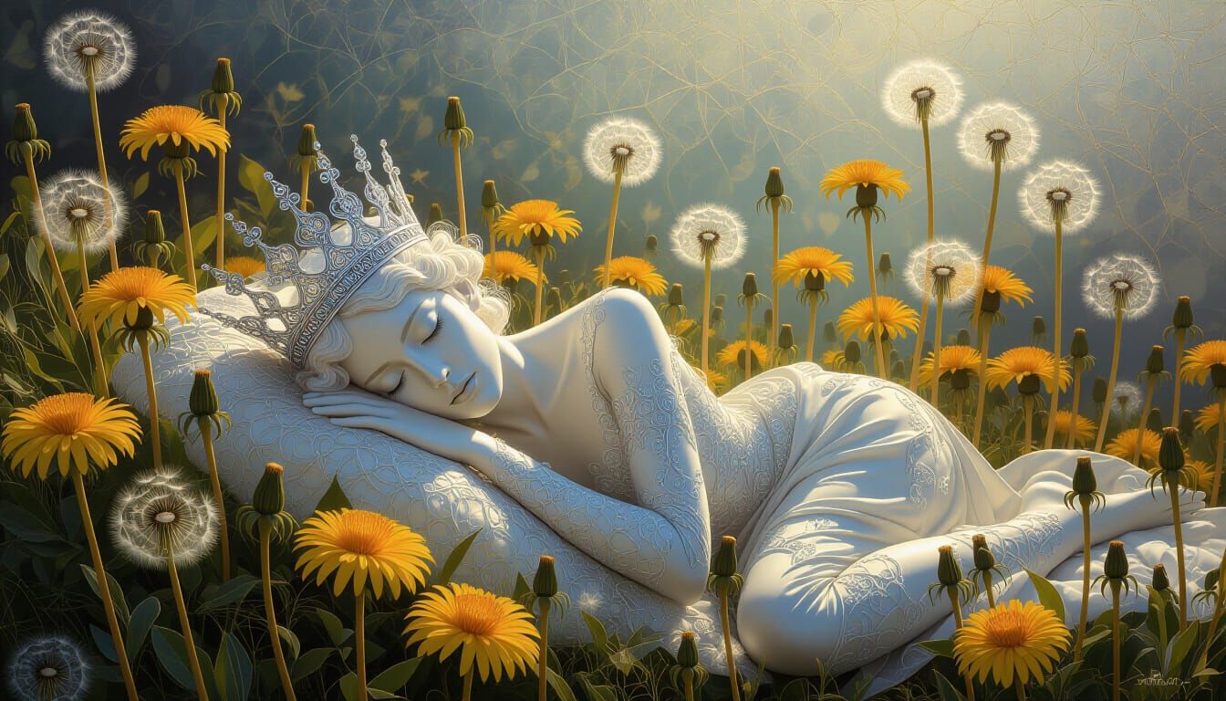 Ethereal Silver Being Amidst Dandelions in Bio-Art Style
