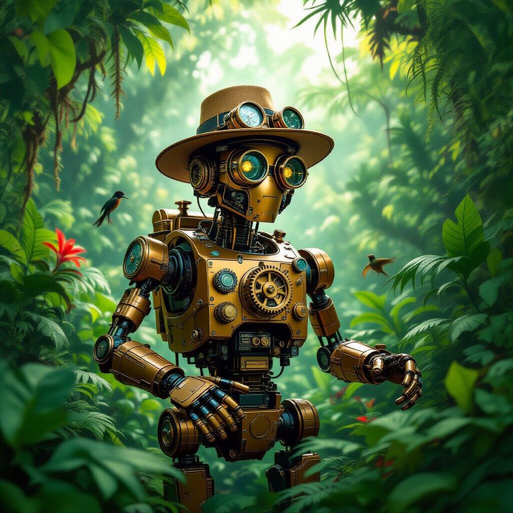 Steampunk Automaton Explorer Navigates Exotic Jungle