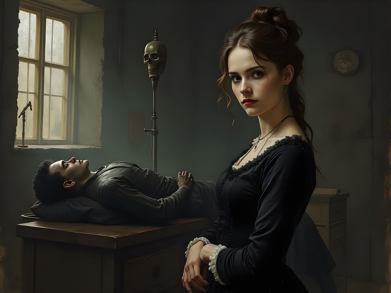 Gothic Lady Scientist Stands Beside Sleeping Frankenstein in...