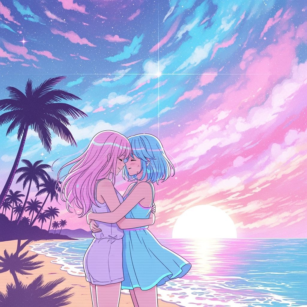 Girls Embrace on Beach at Sunset in Synthwave Style