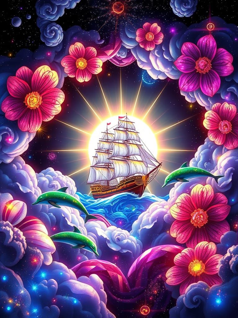 Cosmic Treasure Ship in Stained-Glass Nebula