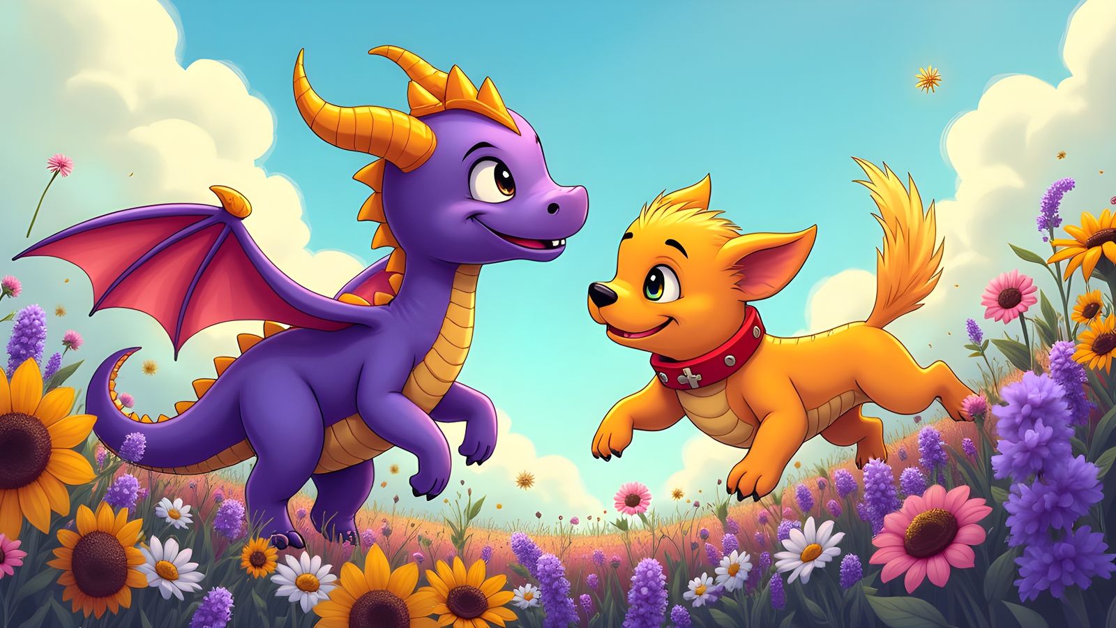 Dragon and Dog Play in Magical Flower Garden