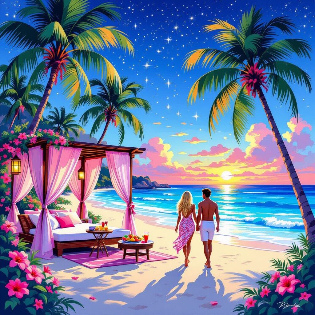 Whimsical Candy Beach Paradise with Couple and Starry Sky