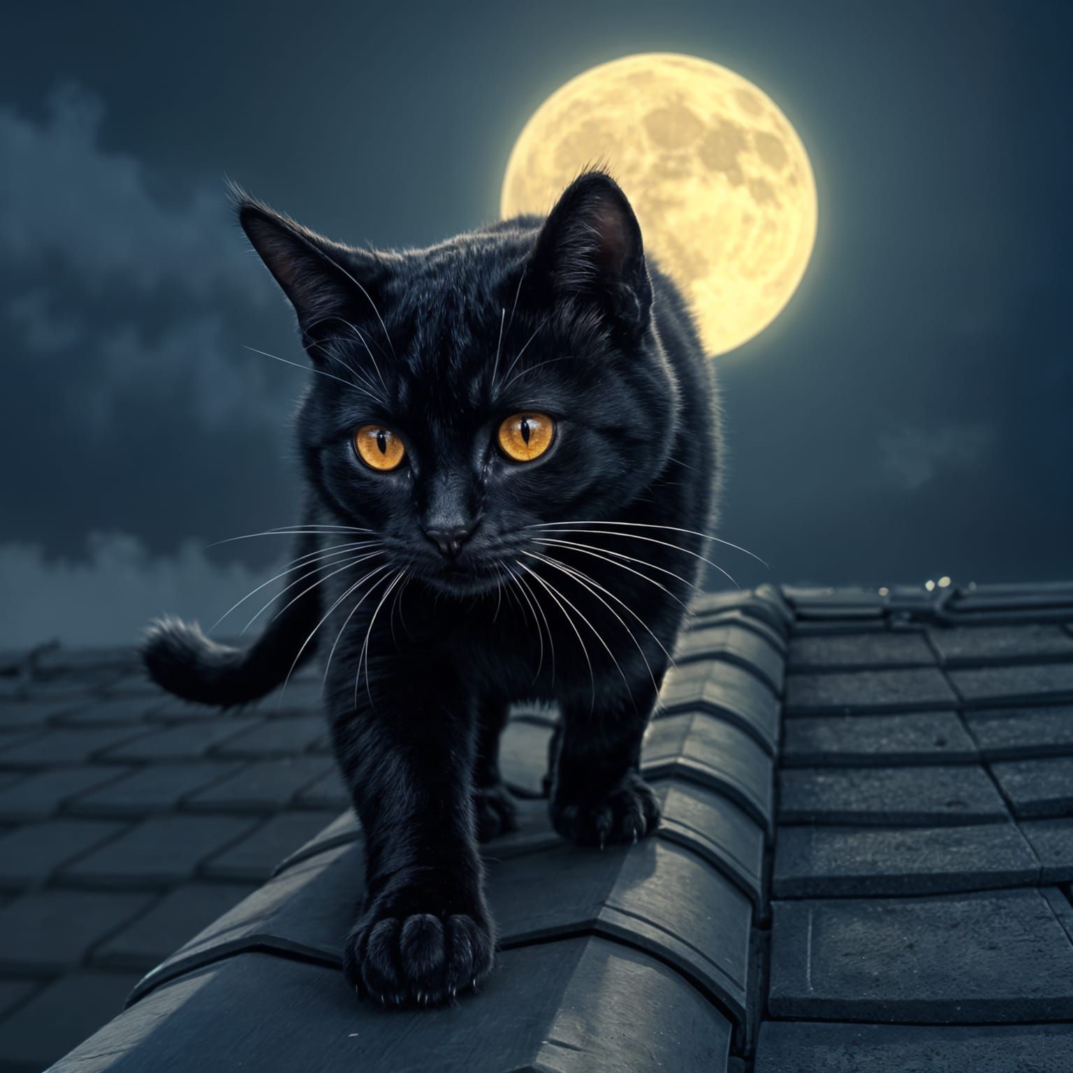 Black Cat on Rooftop Under Full Moon