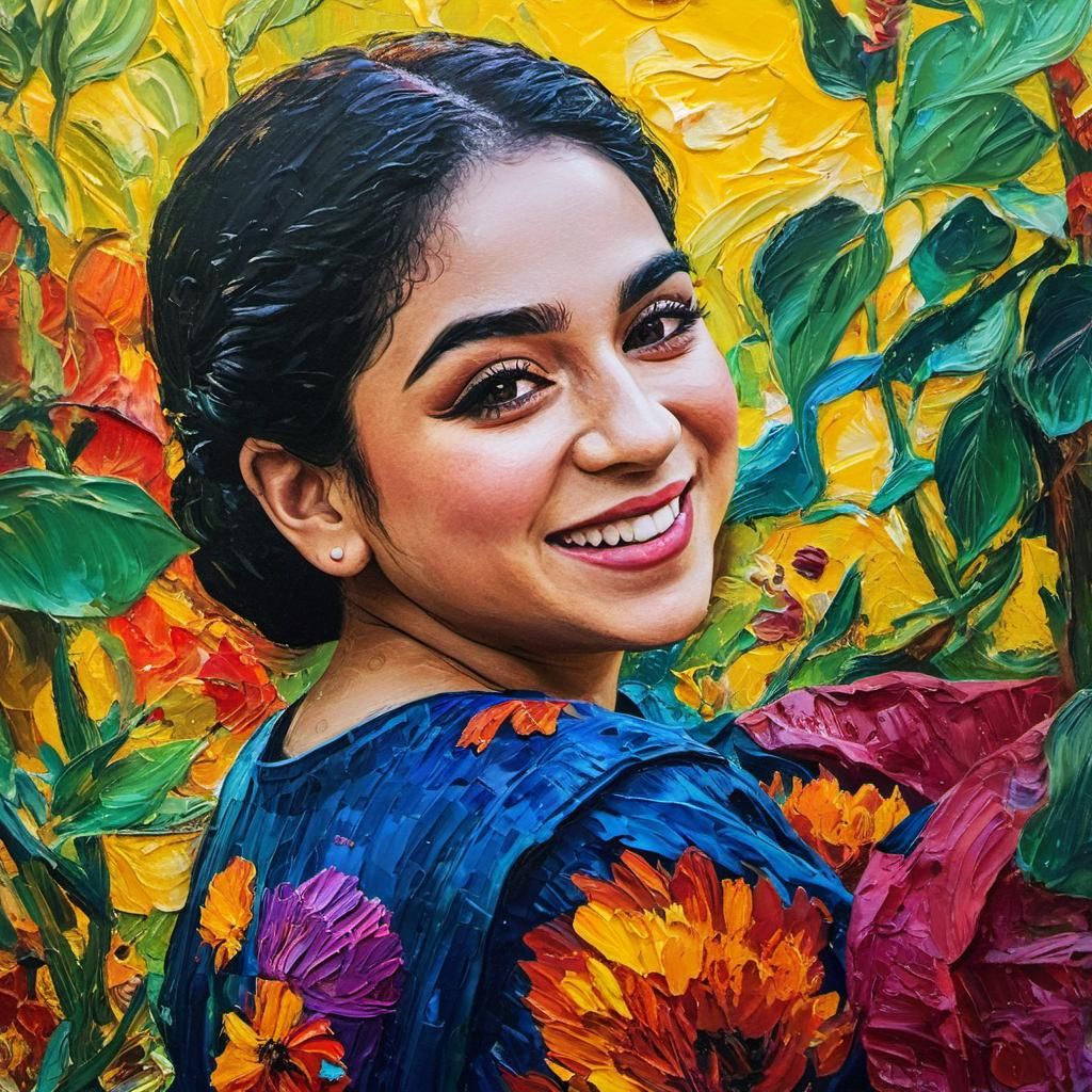 Woman Smiling in Sunlit Garden as Oil Painting