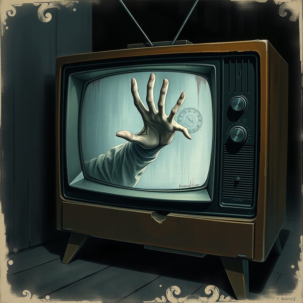 Distressed TV Set with Ghostly Hand