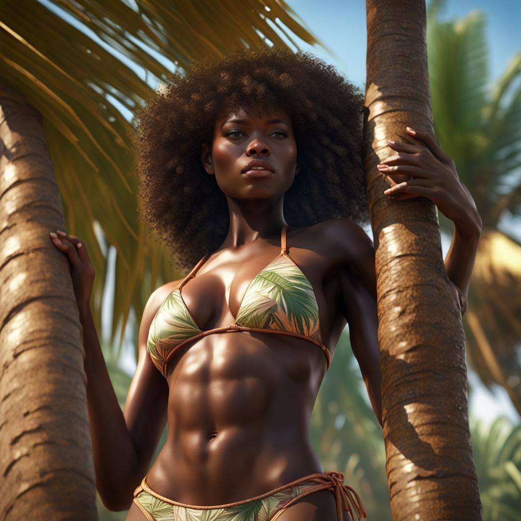 African Woman Climbing Coconut Tree: Hyperrealistic Portrait