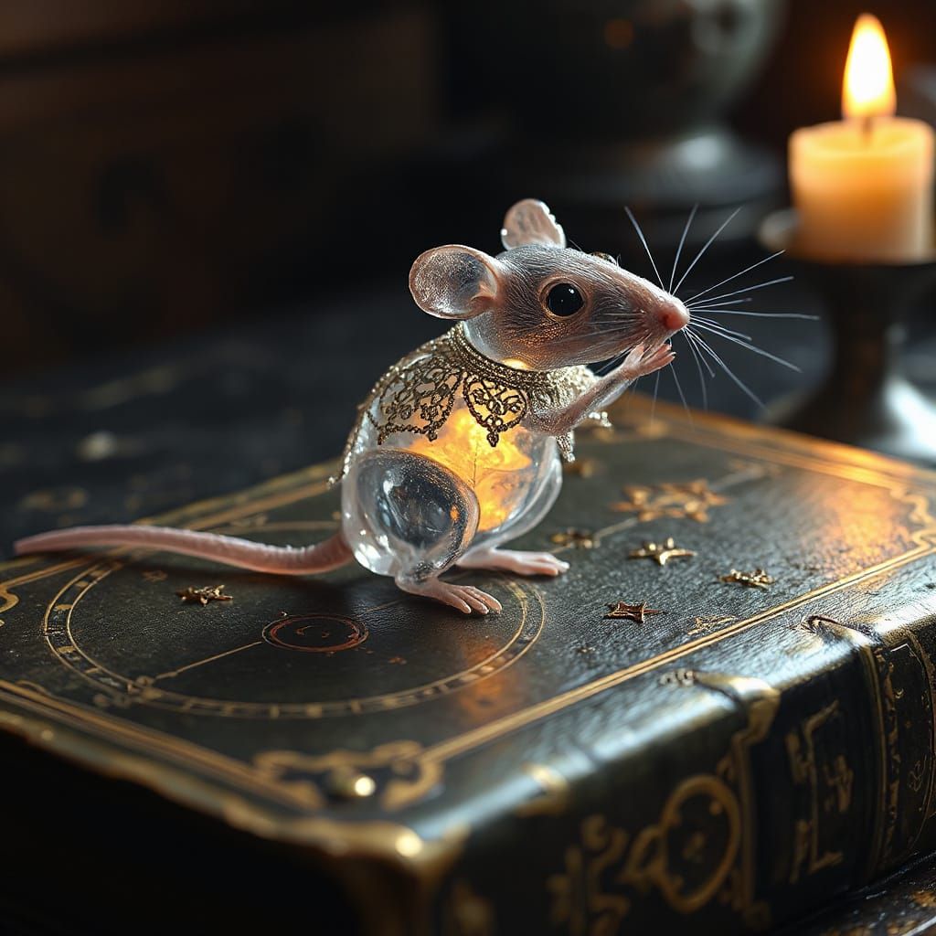 Crystal Mouse on Book with Filigree, Sci-Fi Style