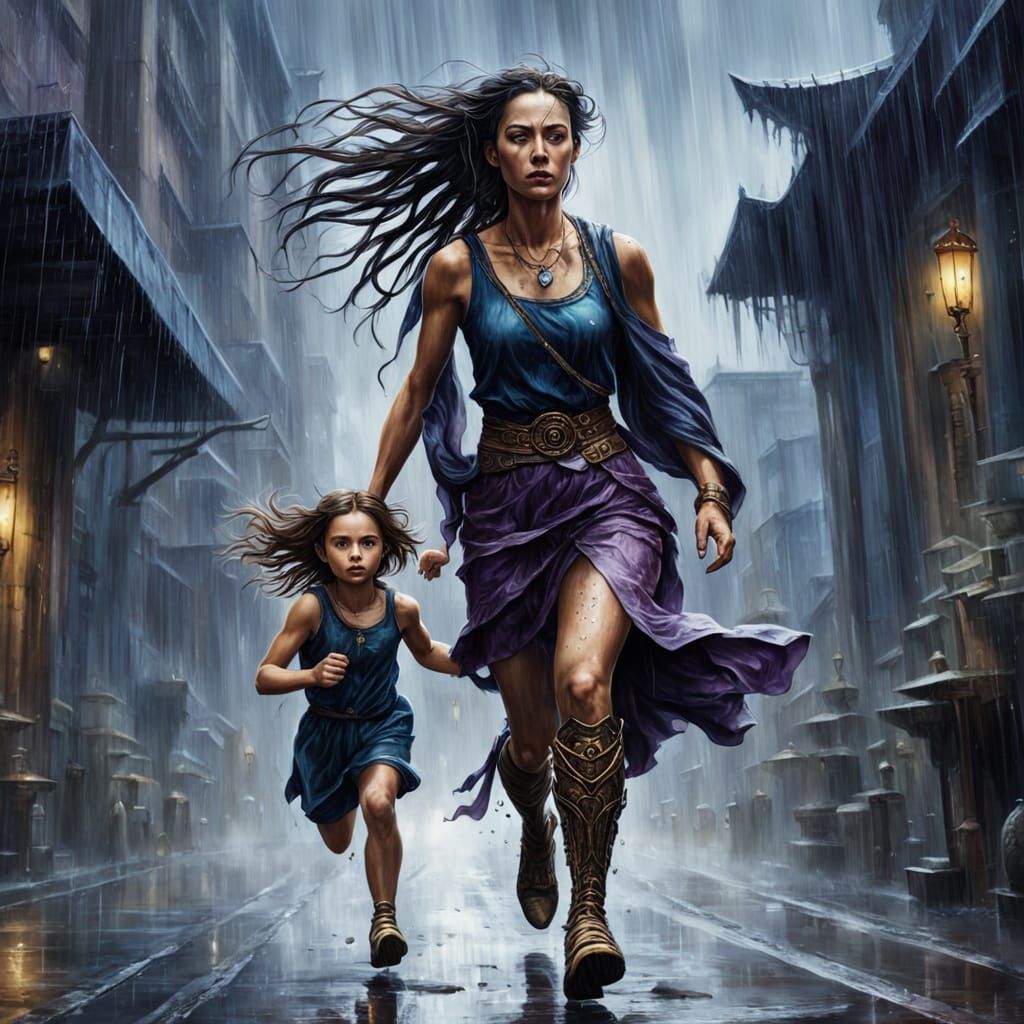 Dark Fantasy: Woman and Child in Summer Rain