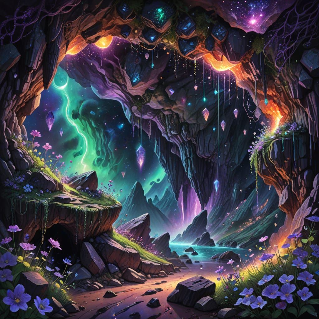Vibrant Crystal Cave with Cosmic Backdrop