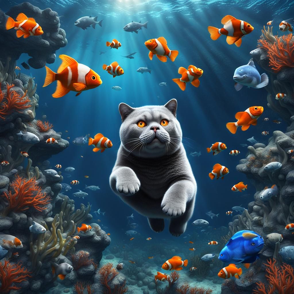 Cat and Panda Underwater Adventure in Deep Blue Ocean