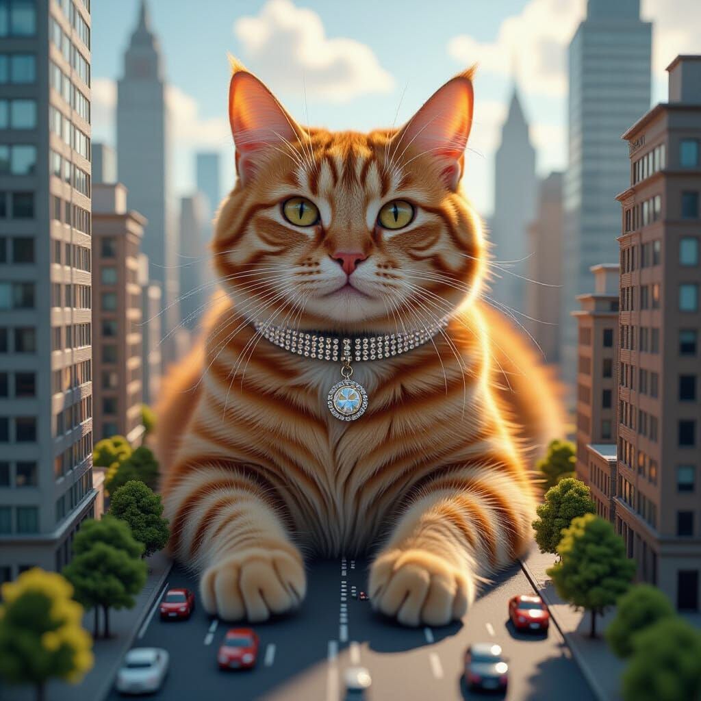 Gigantic Ginger Cat Looms Over Miniature Cityscape