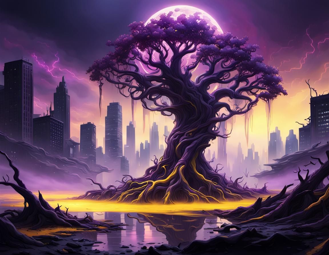 Eerie Alien Planet with Purple Trees in Dark Fantasy Style