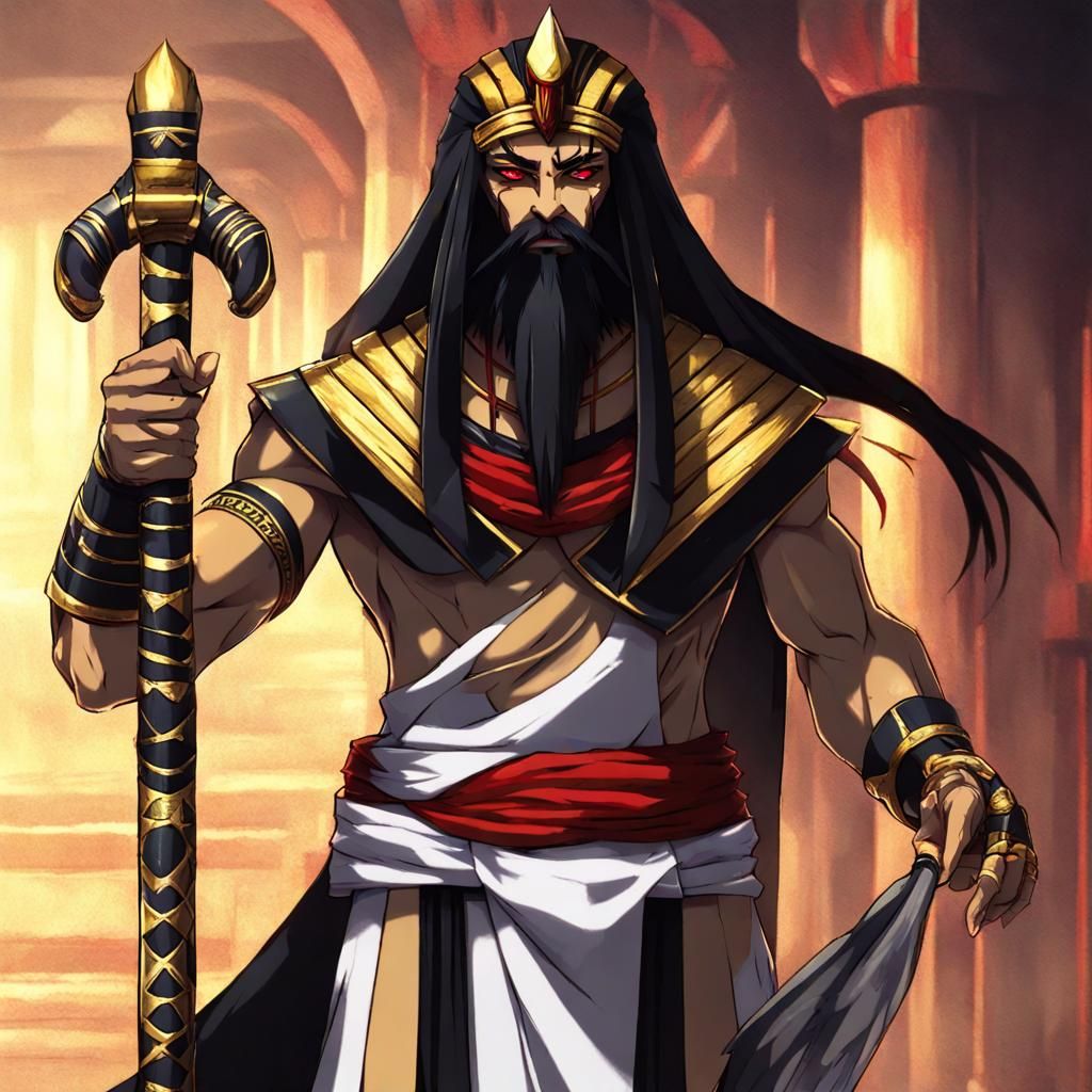 Anime Pharaoh with Serpent Staff and Red Eyes