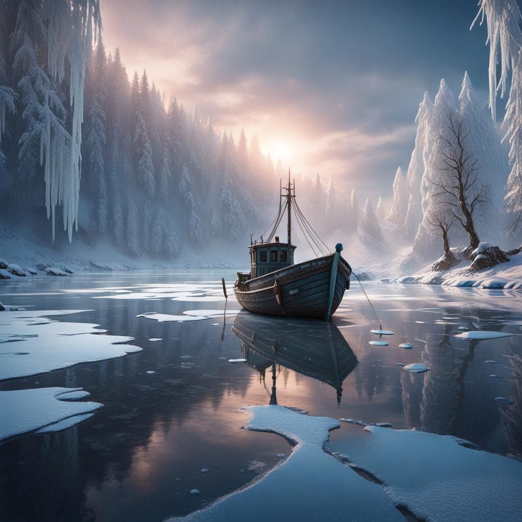 Fishing Boat in Frozen River: Detailed Matte Painting