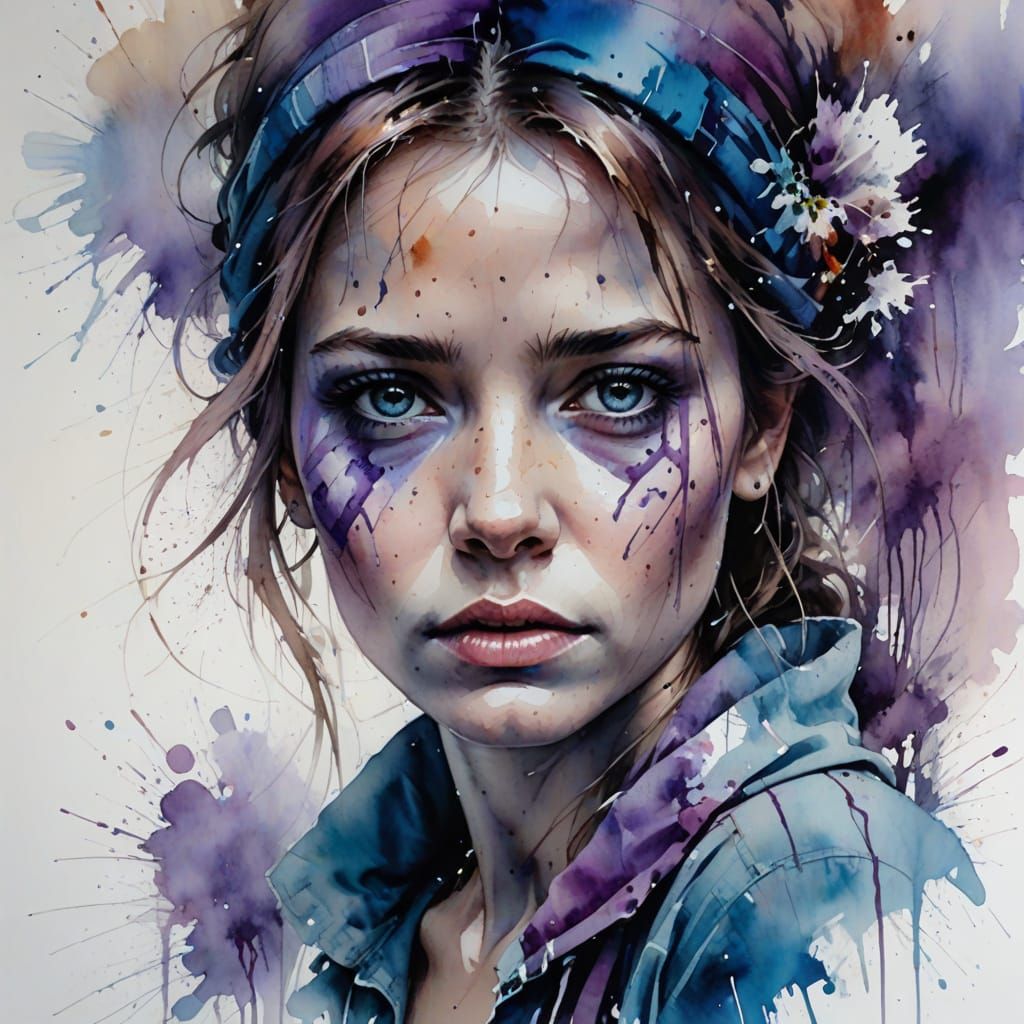 Survivor in Shock: Watercolor Painting with Ethereal Lightin...