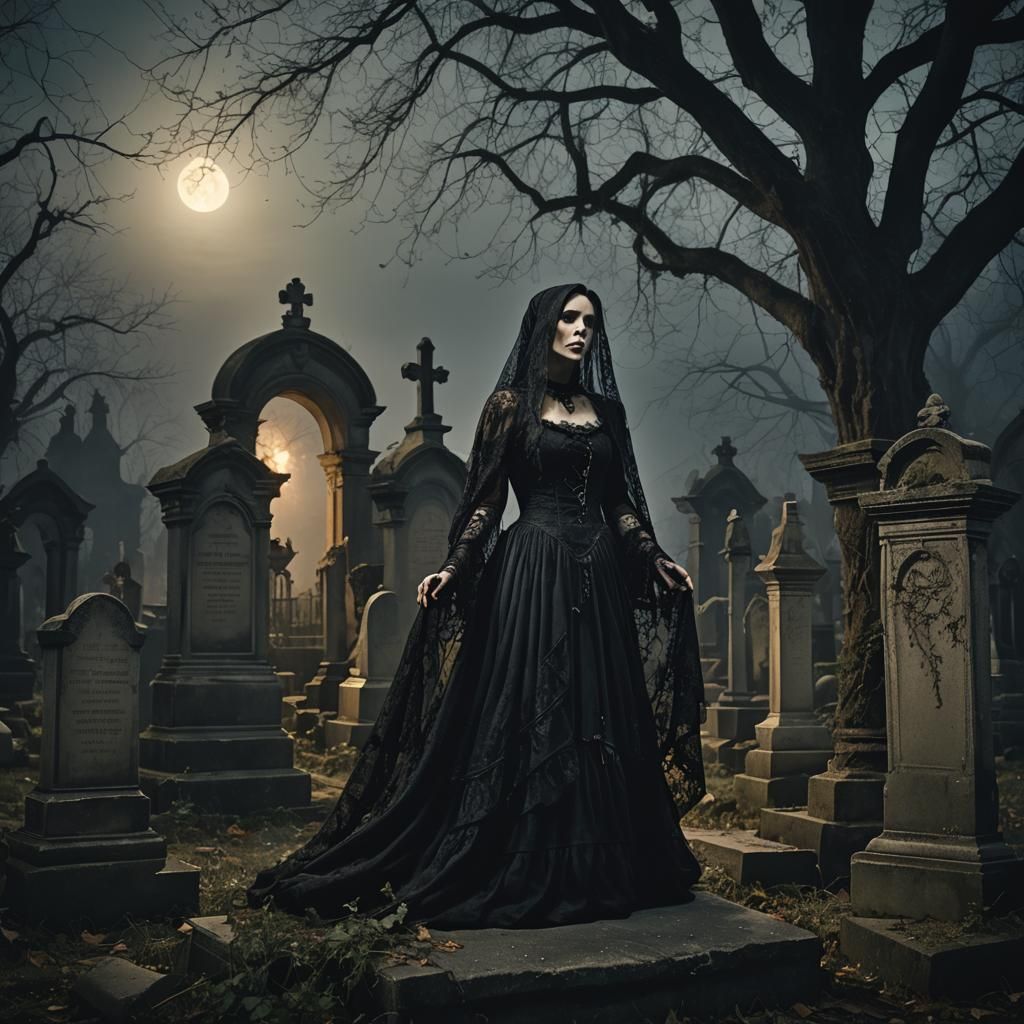 Eerie Victorian Ghost in Moonlit Graveyard