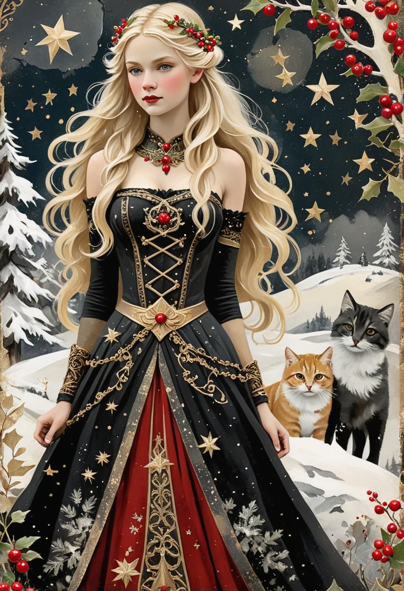 Vintage Norse Goddess Freya in Whimsical Mixed Media Art