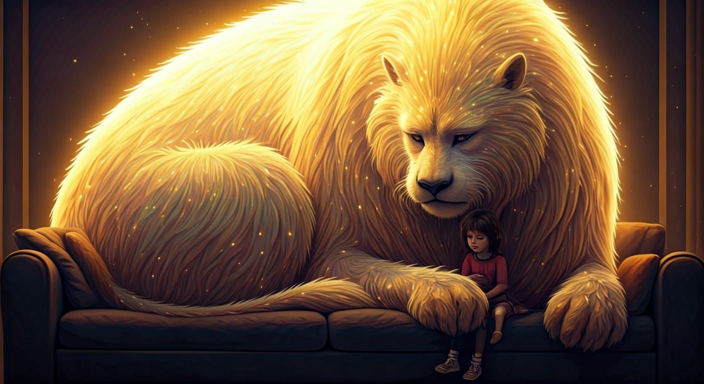Giant Golden Cat with Girl in Ethereal Style