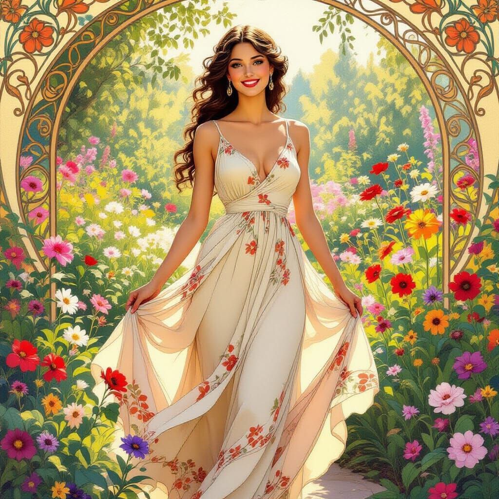 Elegant Woman in Garden, Art Nouveau Style