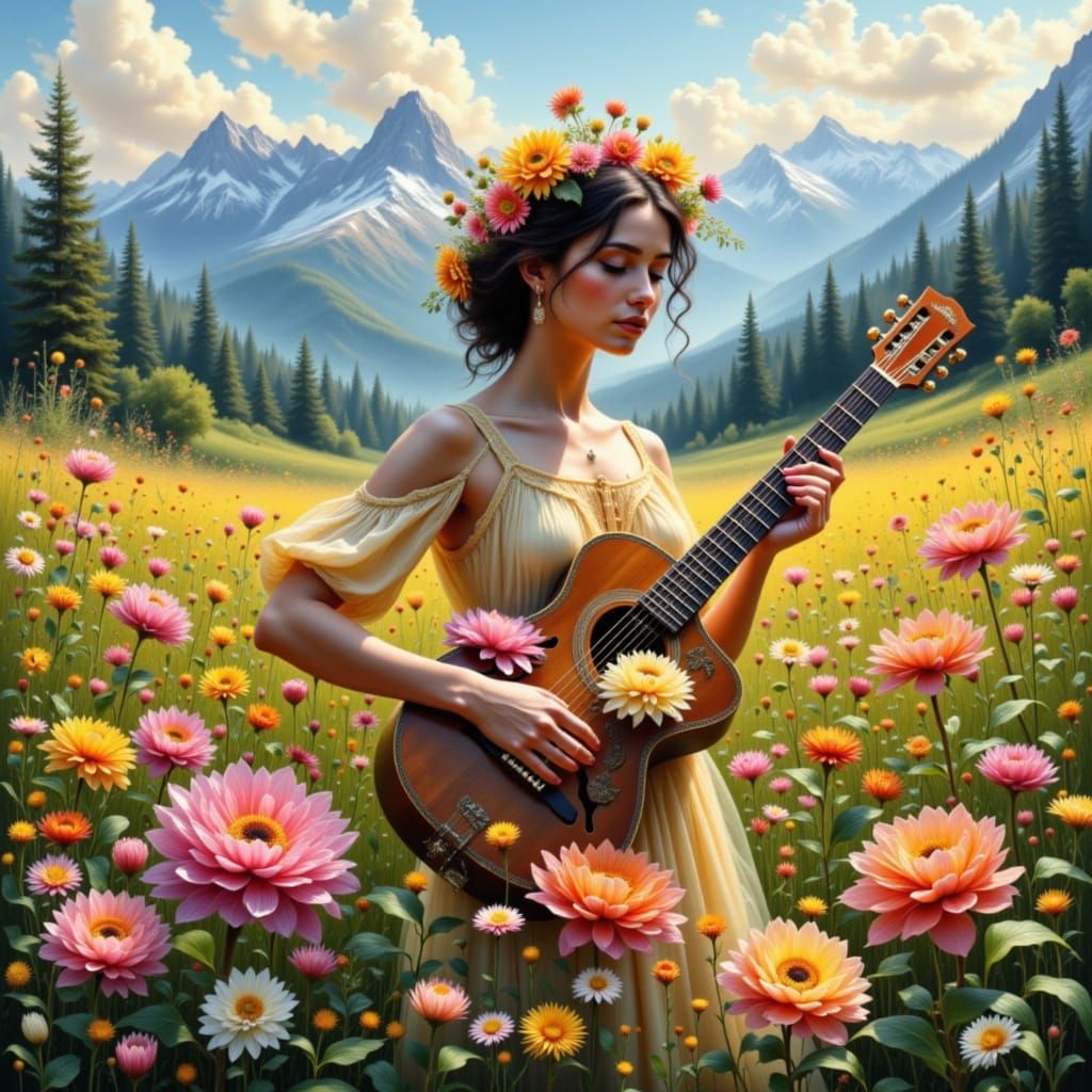 Acoustic Guitar in a Field of Flowers