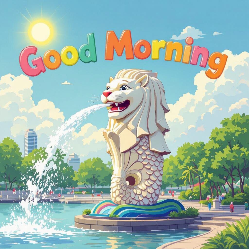 Smiling Merlion Greets the Morning in Singapore