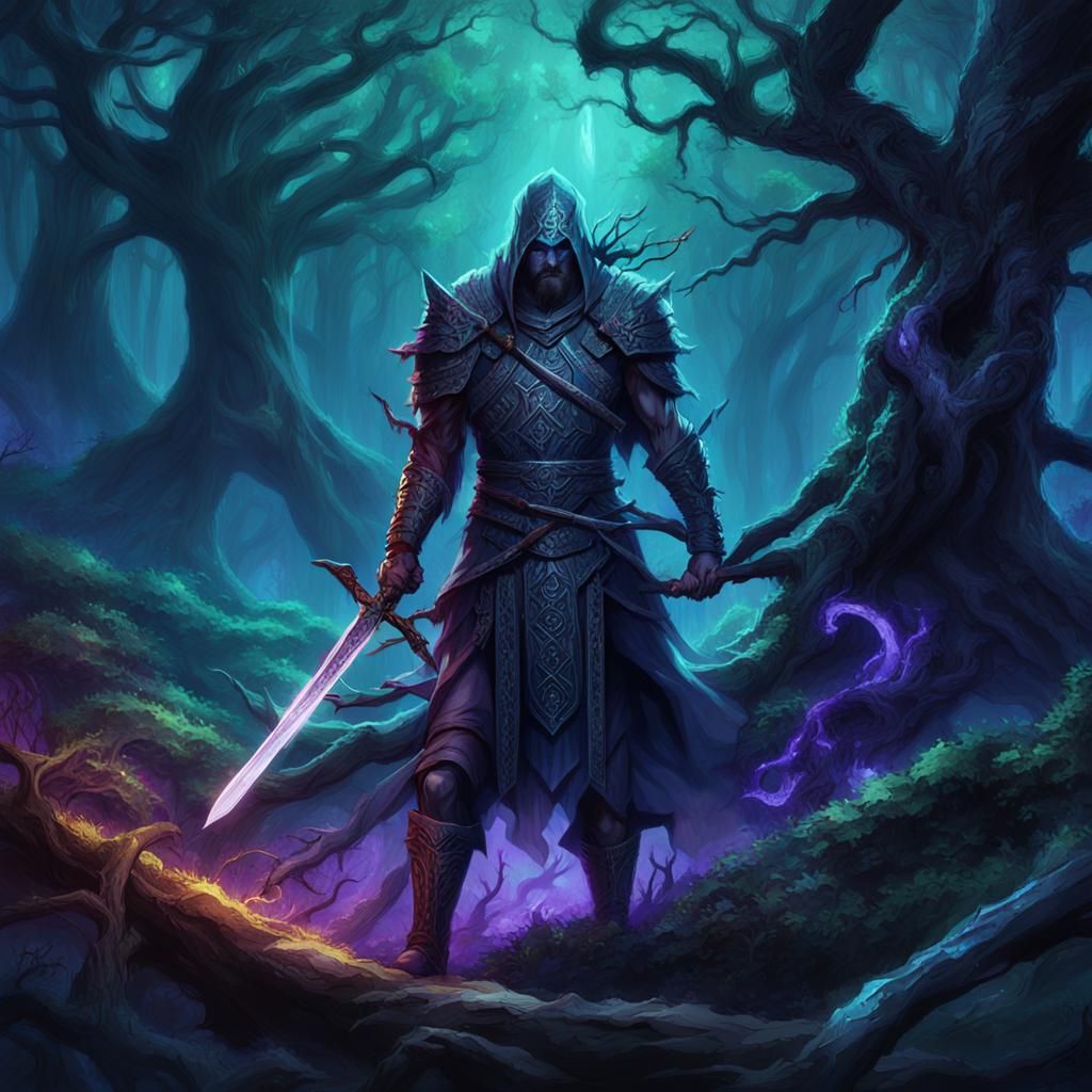 Ancient Warrior with Cursed Sword in Mystic Forest