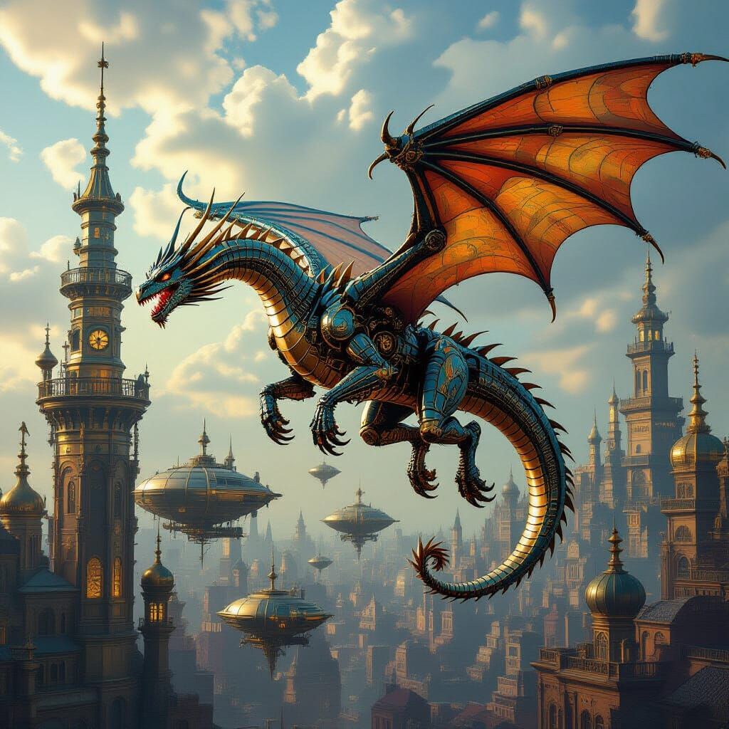 Clockwork Dragon in Flight with Jammed Gear, Steampunk City ...