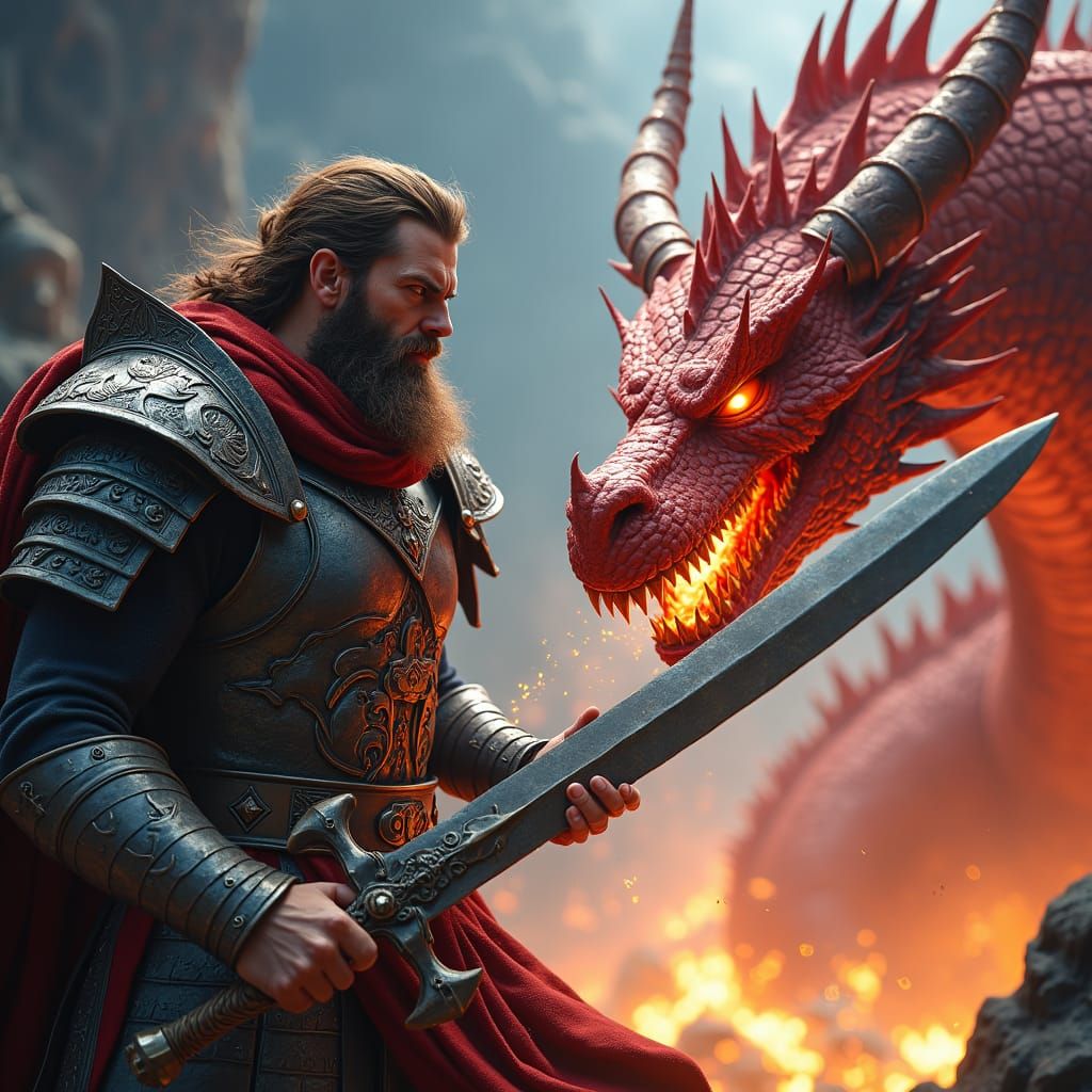 Warrior and Dragon Epic Battle: Fantasy Concept Art