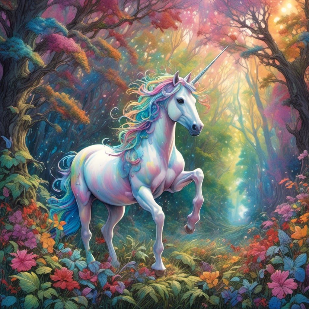 Rainbow Unicorn in Ethereal Woodland Glade