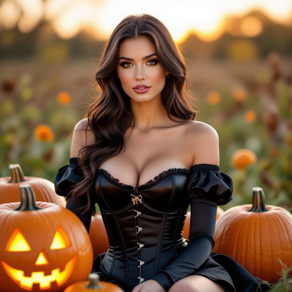 Dark Haired Woman in Halloween Corset by Pumpkins