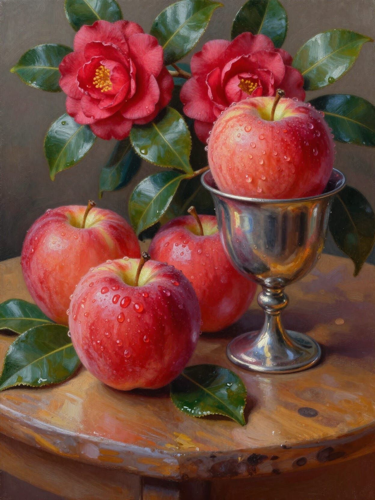 Vibrant oil painting. Medium shot. Red apples and camellia flowers rest on a wooden table beside a metal goblet. Close-u...