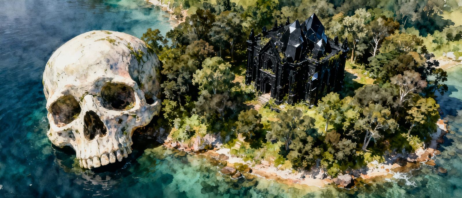 Skull Island With Hidden Obsidian Building in Watercolor Sty...