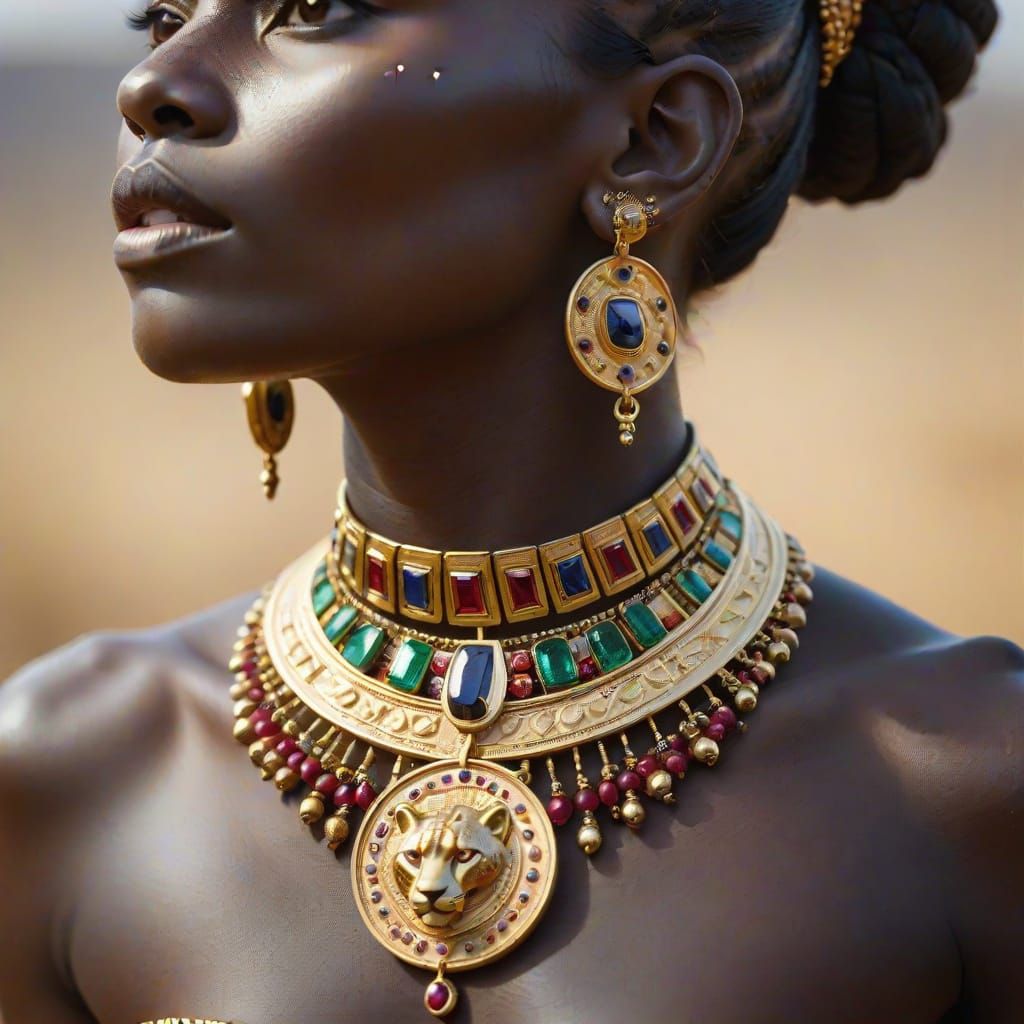 Gilded Cheetah Tribal Choker Adorns Dark-Skinned Goddess