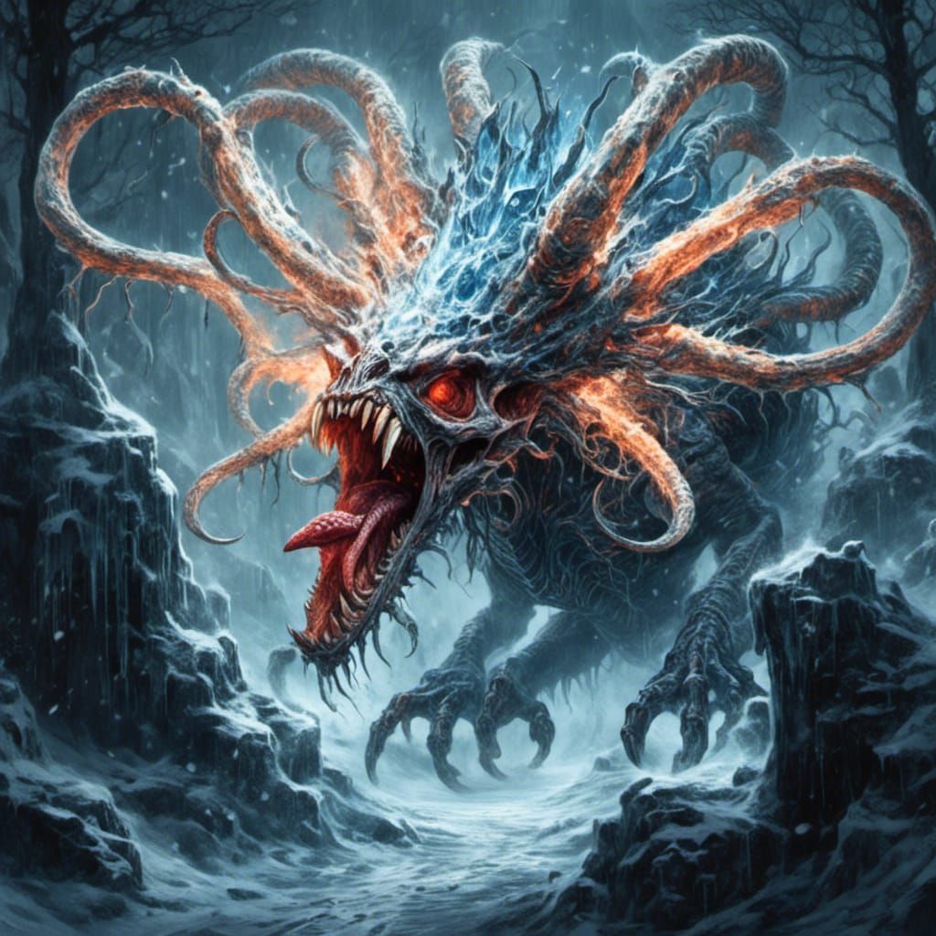 Icy Troll with Strawberry in Surreal Landscape