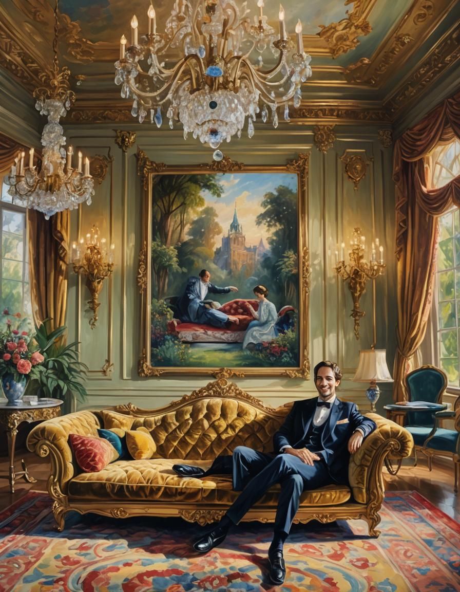Opulent Mansion Scene in Impressionist Oil Painting Style