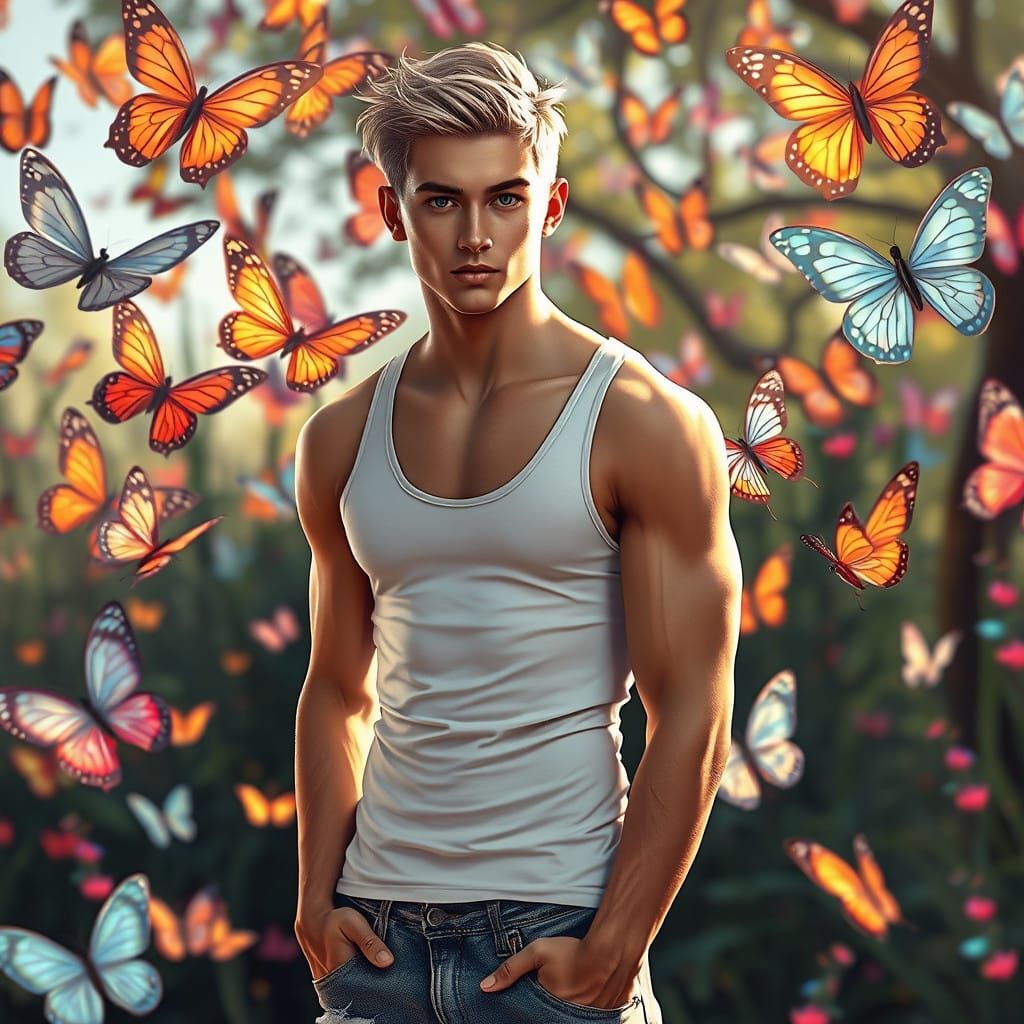Adventurous Young Man Surrounded by Whimsical Butterflies in...