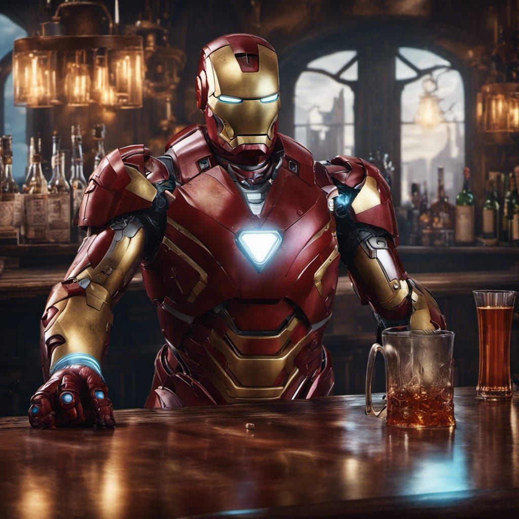 Iron Man Bartender in Detailed Matte Painting Style