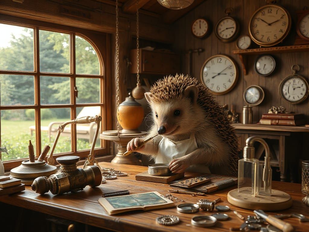 Anthropomorphic Hedgehog Watchmaker in Cozy Burrow Workshop