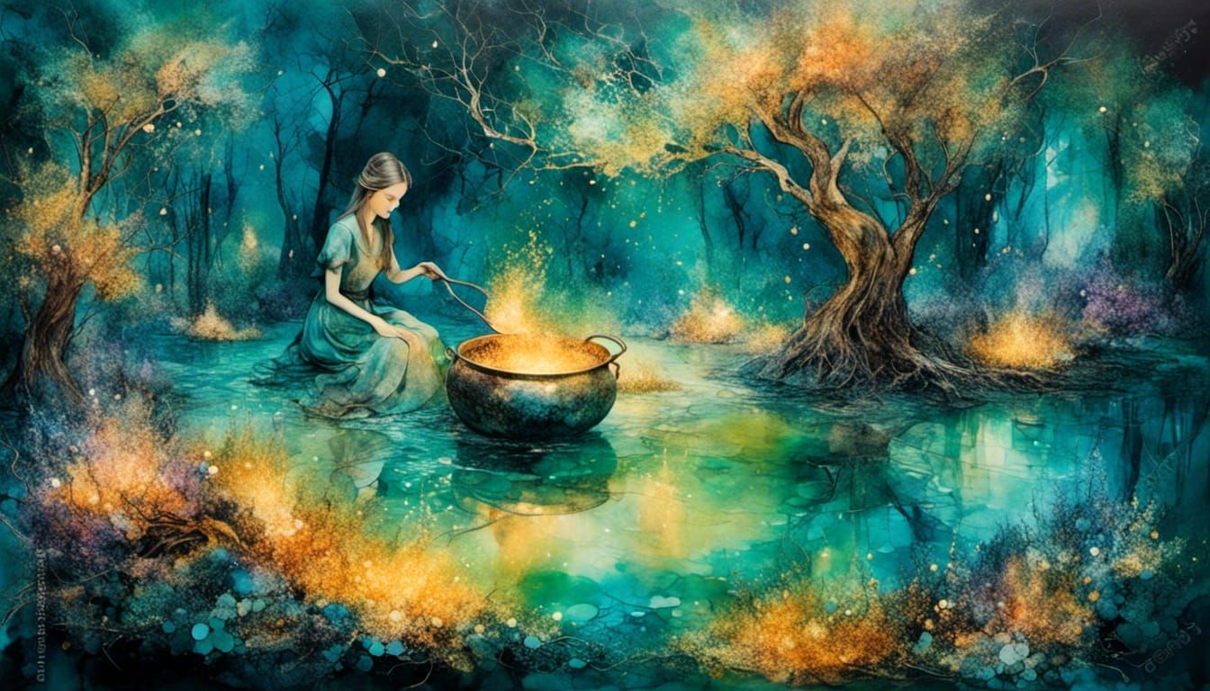 Mystical Witch Stirring Potions in Enchanted Forest