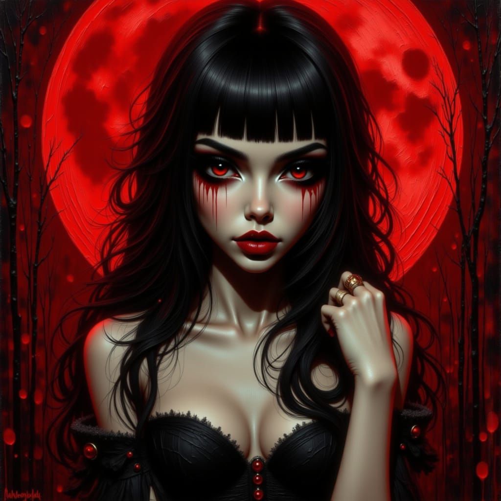 Vampire Woman in Crimson Moon Impasto Style