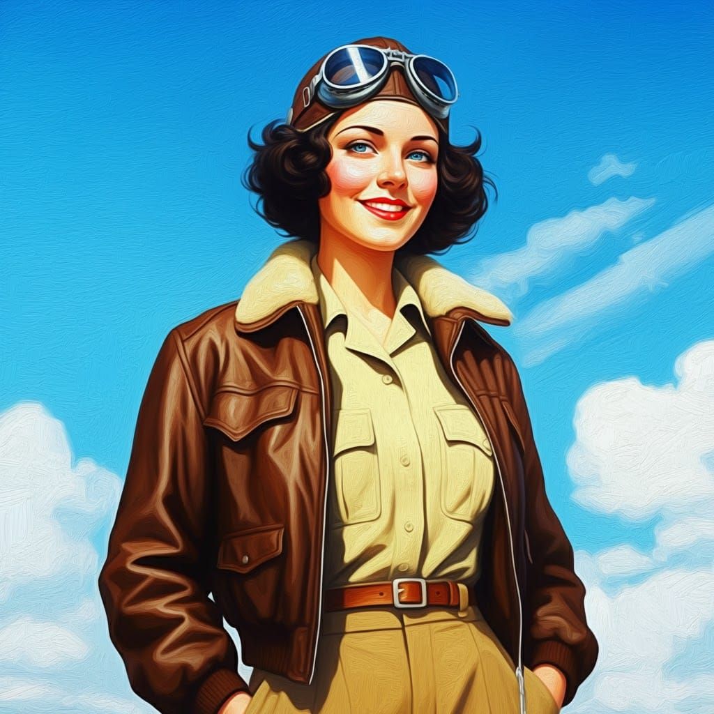 1930s Aviatrix Portrait in Impressionistic Oil Style