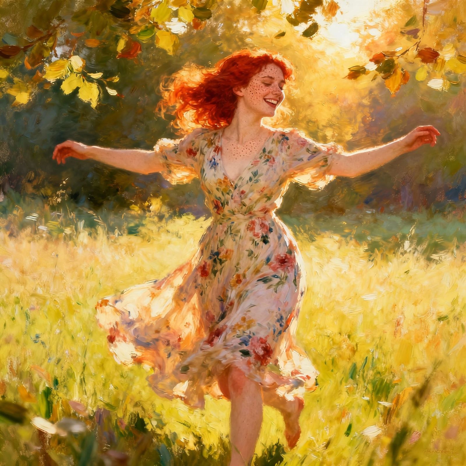 Joyful English Woman Dancing in Sunlit Meadow Impressionist ...