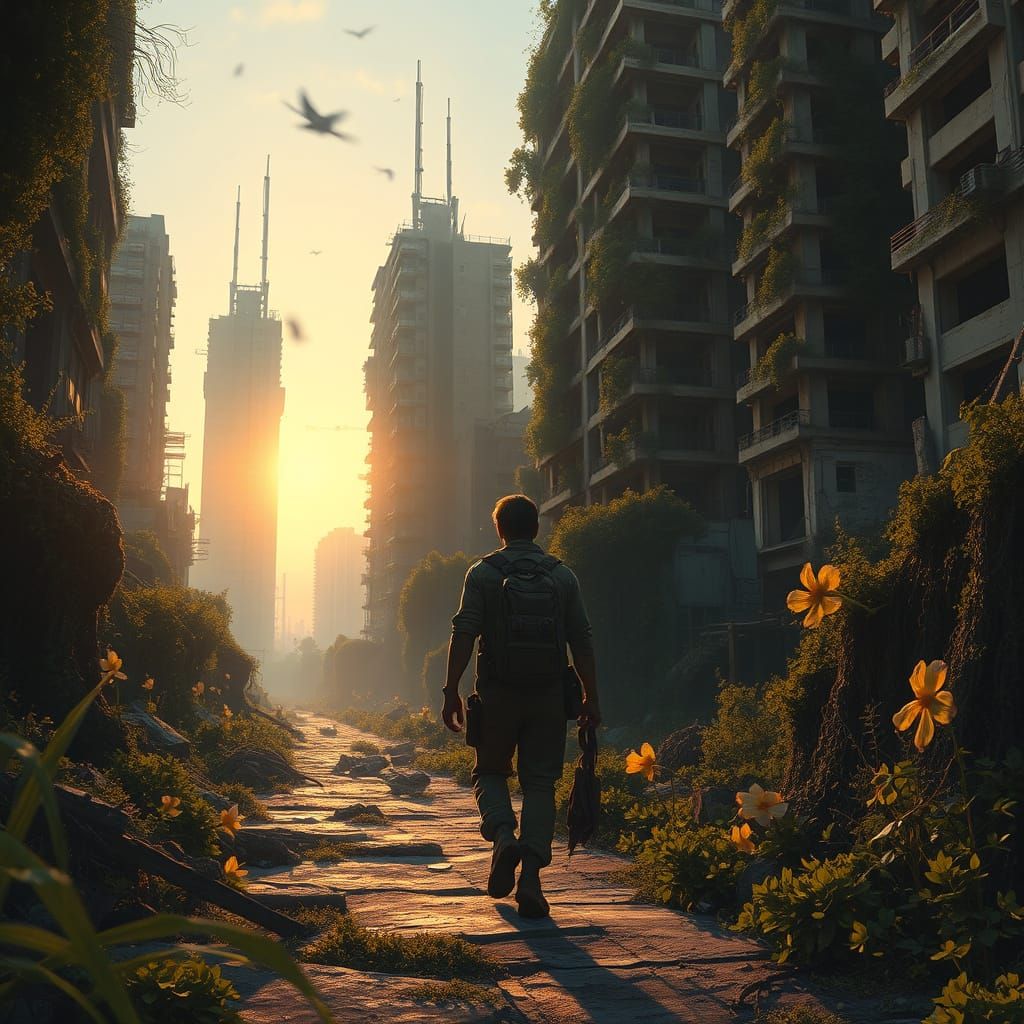 Post-Apocalyptic Traveler Among Overgrown Ruins