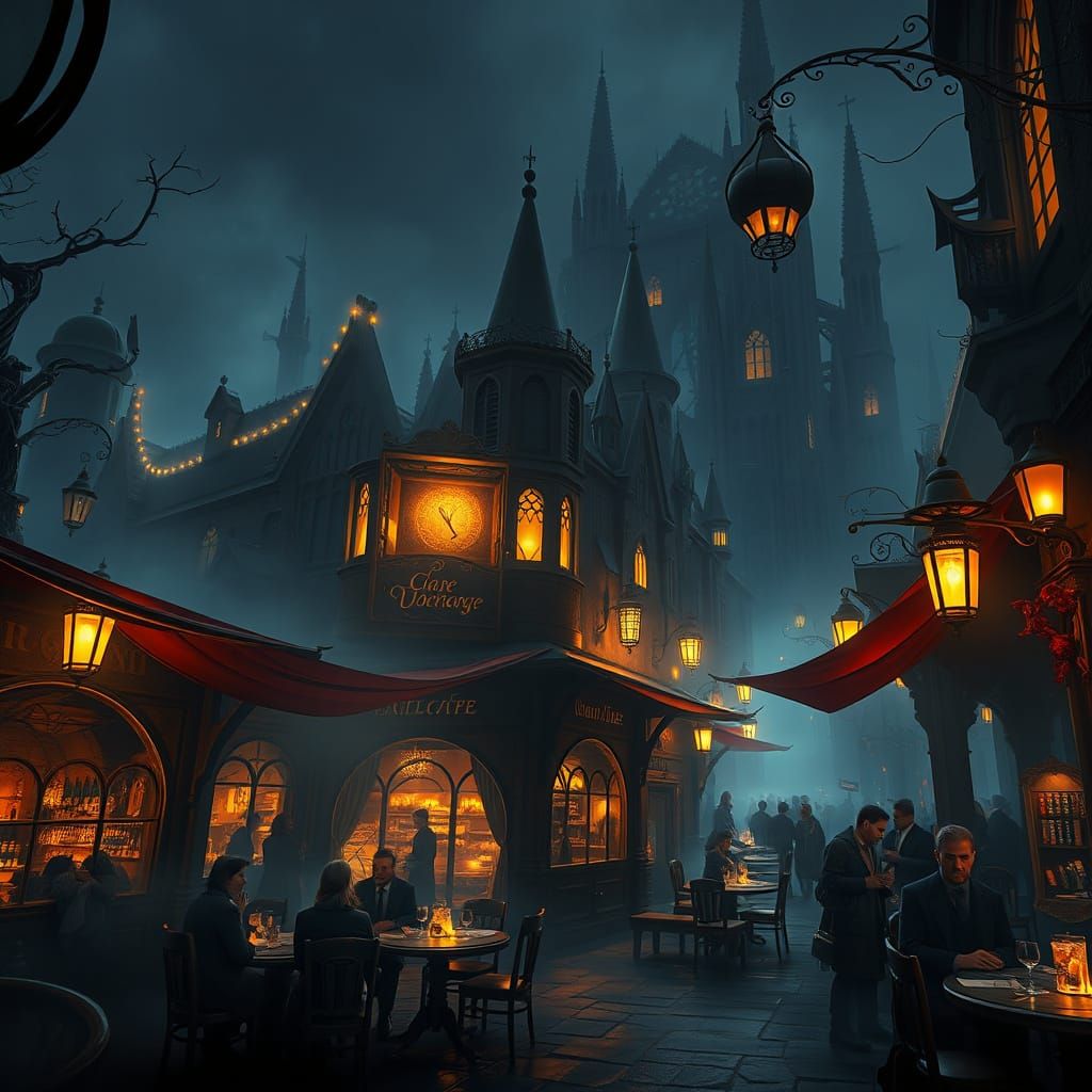 Mystical Night Cafe in Gothic Cityscape