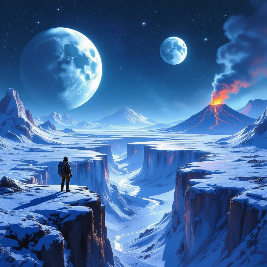 Explorer on Alien Planet with Twin Moons