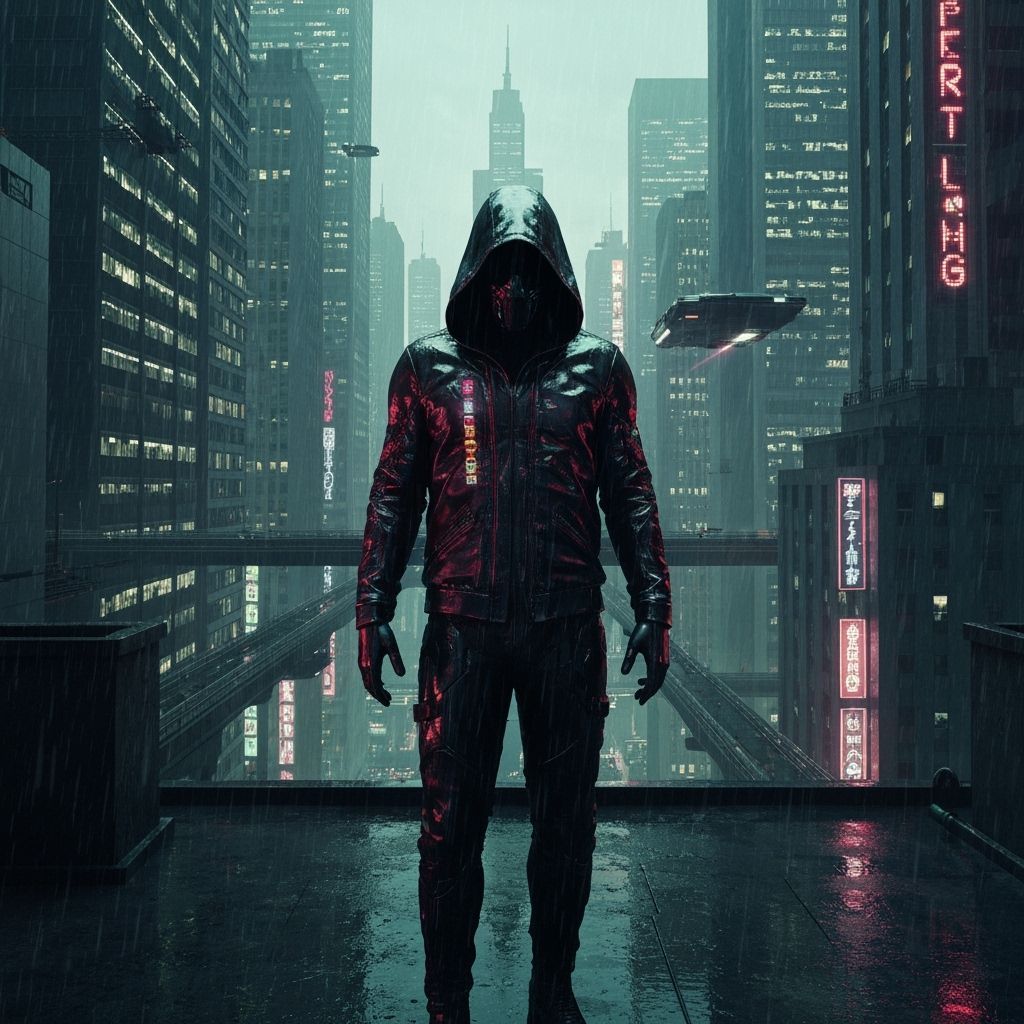 Cyberpunk Figure on Rooftop in Rainy Cityscape